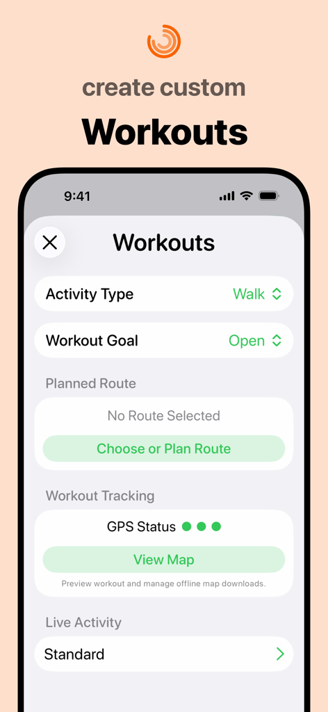 Interface of Pedometer plus app displaying options to create custom workouts and plan routes