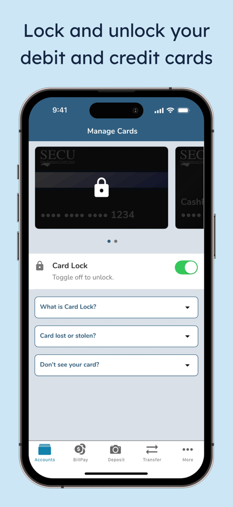 SECU - SECU mobile app screen showing the manage cards feature with a toggle to lock and unlock debit or credit cards