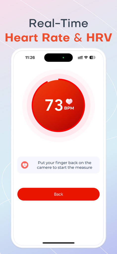 Real-time heart rate and HRV monitoring interface on the Impulse app