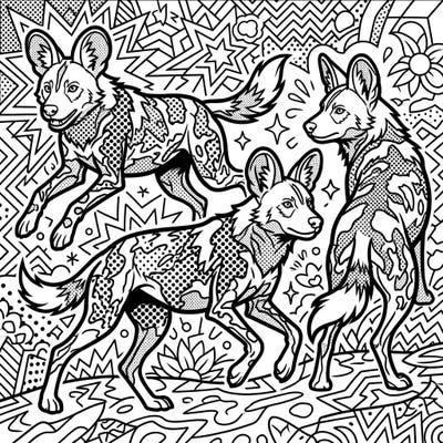 Dive into the vibrant world of African Wild Dogs with this unique Pop Art coloring page. Featuring dynamic poses and iconic comic-book style, it's a thrilling artistic challenge.