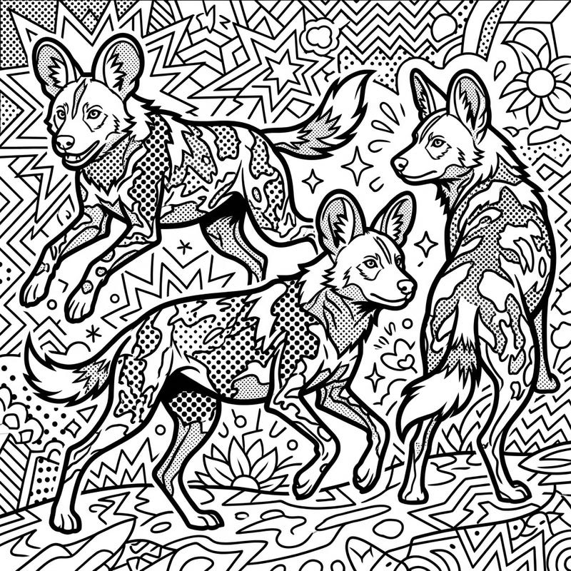 Dive into the vibrant world of African Wild Dogs with this unique Pop Art coloring page. Featuring dynamic poses and iconic comic-book style, it's a thrilling artistic challenge.