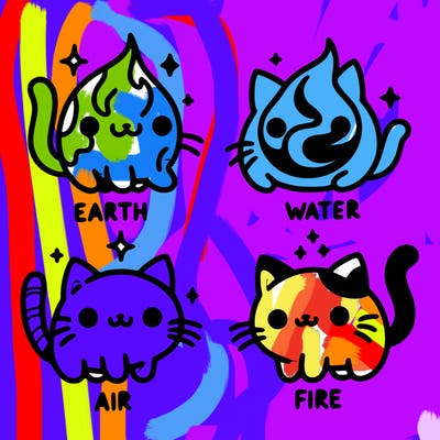 4 cats that represent the different elements, earth, water, air, and fire
