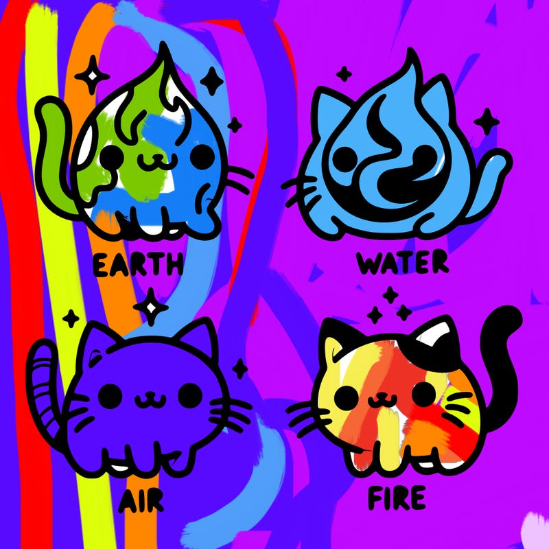 4 cats that represent the different elements, earth, water, air, and fire