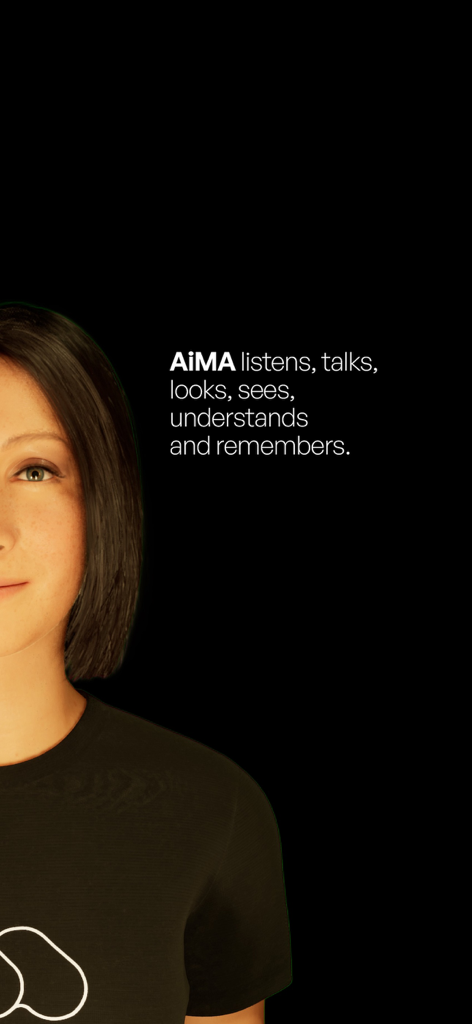 Retrato en primer plano de AiMA, humano digital, con texto que describe sus capacidades interactivas