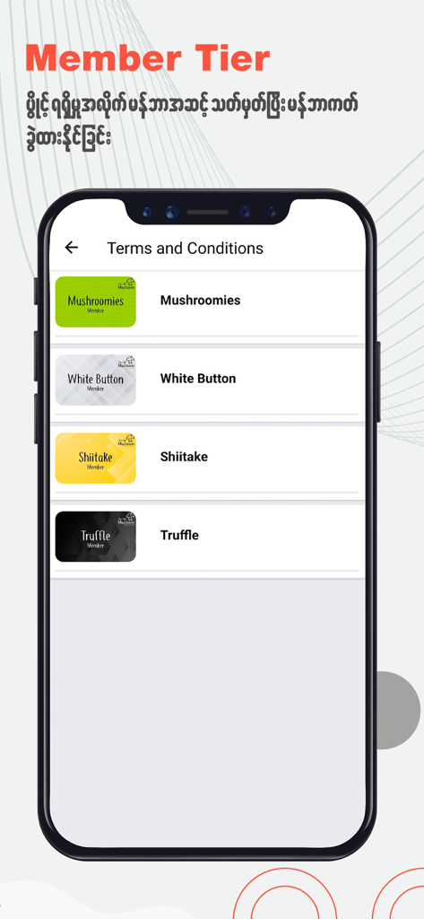 Piti - Teléfono inteligente que muestra la pantalla de Niveles de Membresía de la aplicación Piti con tarjetas de fidelidad digitales para los niveles Mushroomies, White Button, Shiitake y Truffle.