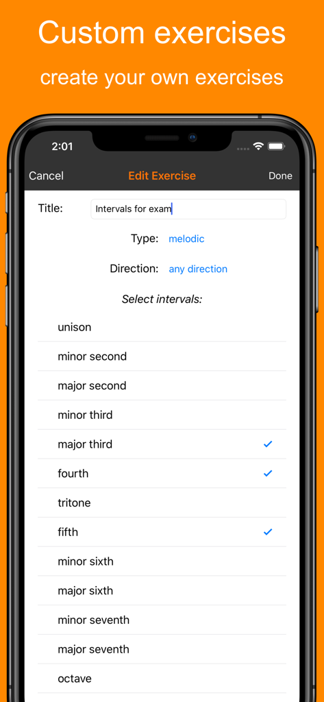 MyEarTraining - Ear Trainer - Interface for creating a custom melodic interval exercise in the MyEarTraining app
