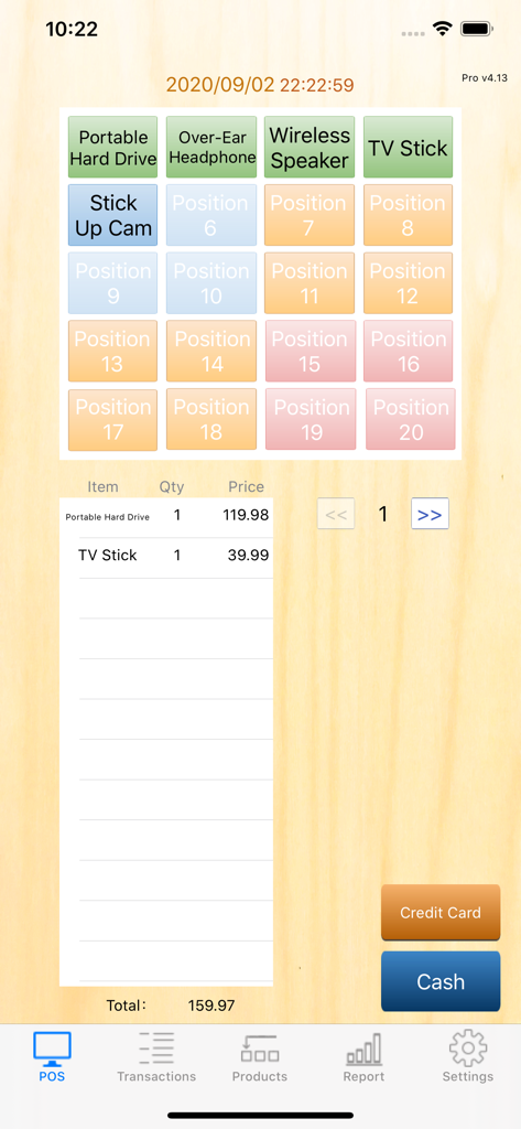 POS S Pro mobile app checkout screen showing product buttons for electronics and transaction total