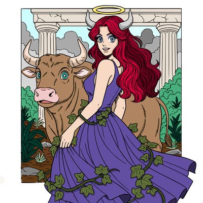 woman with bull horns long flowing dress with ivy crawling up her dress she also has a halo and long flowing hair
