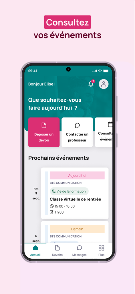 Dashboard of the Cned app showing upcoming academic events and quick access buttons for homework and messages.