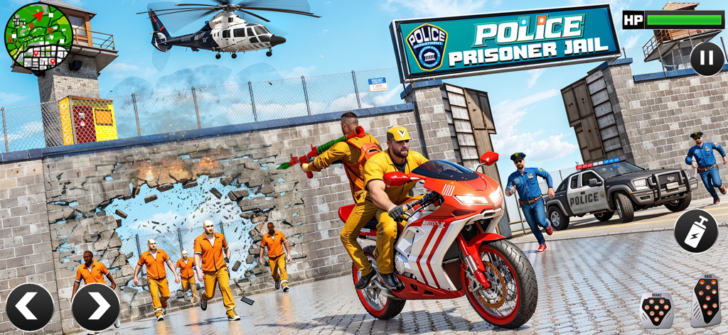 Action scene of a motorcycle prison break with police chasing gangsters