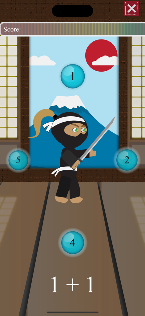 Math Facts Ninja - Math Games - A ninja character with a sword solving a simple addition problem in a game environment.