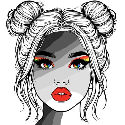 realistic girl with two buns on her hair and lips