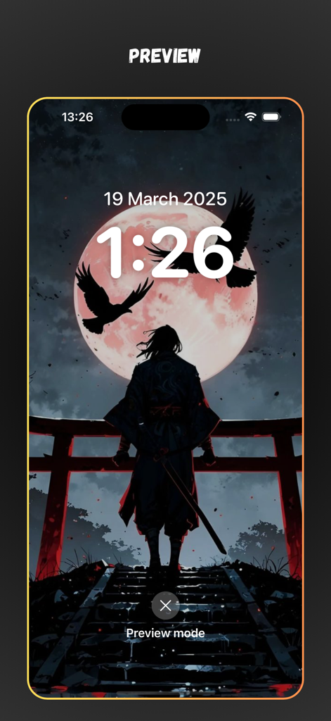 NaruPix: Shippuden Wallpaper - iPhone lock screen preview featuring a ninja character in front of a large red moon with crows