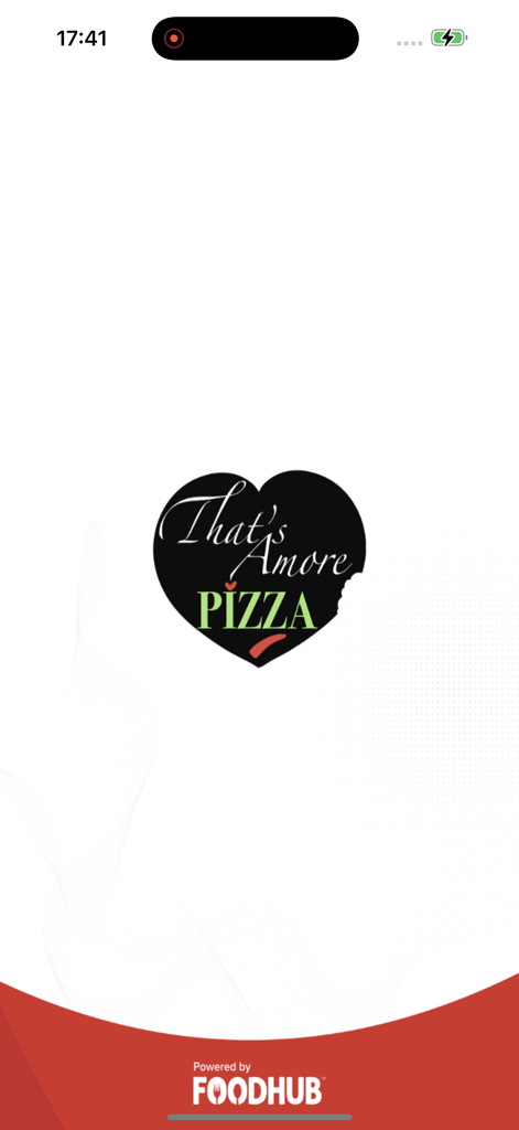 Tela de abertura do aplicativo móvel Thats Amore Pizza com o logotipo da marca em formato de coração