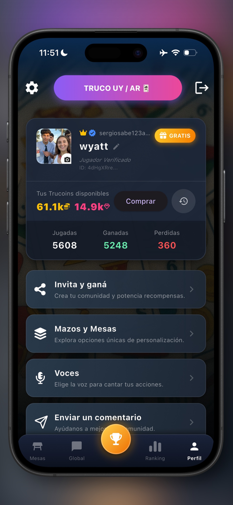Truco: Argentino vs Uruguayo - User profile screen of Truco Argentino vs Uruguayo app showing game statistics and in-game currency