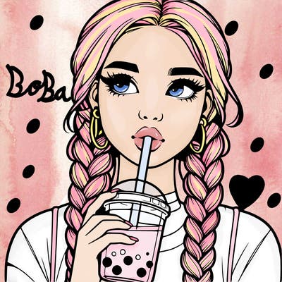 realistic girl with braided hair drinking boba