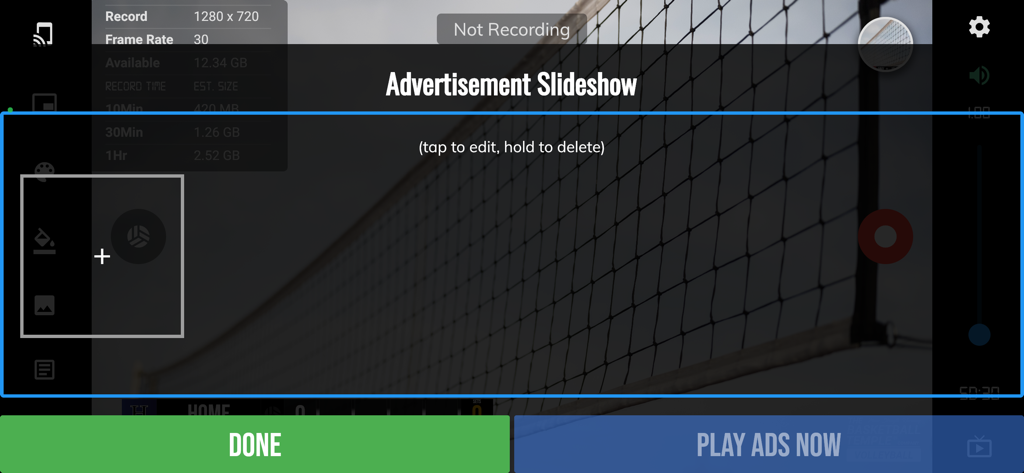 BT Volleyball Camera - Advertisement slideshow setup screen in the BT Volleyball Camera app for managing game sponsorships
