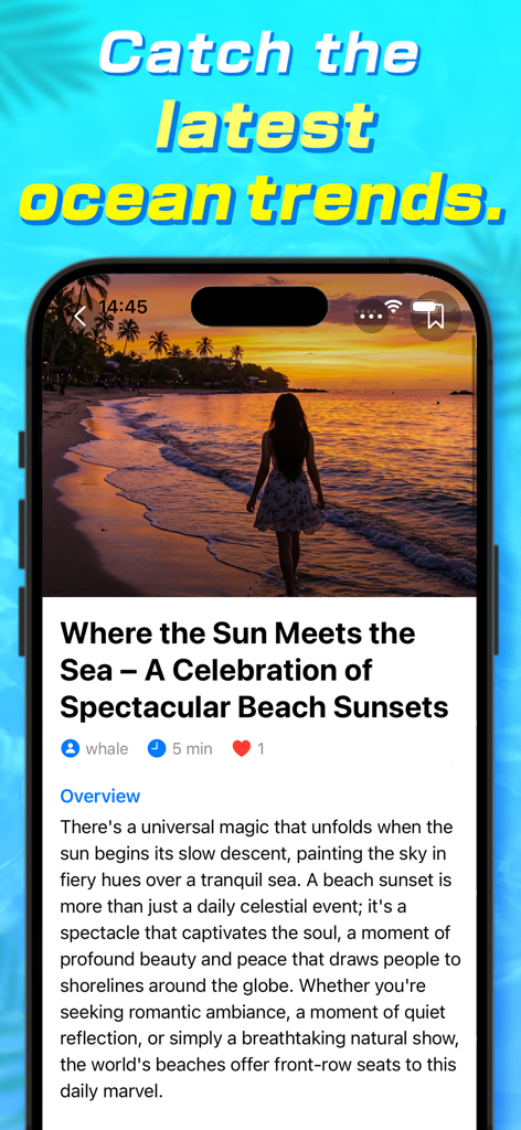iPhone screen showing an article about beach sunsets in the Whale app feed