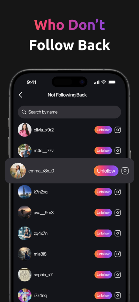 Unfollow Tracker: FollowHub - フォローバックしていないInstagramユーザーのリストとフォロー解除ボタンを表示するモバイルアプリ画面。