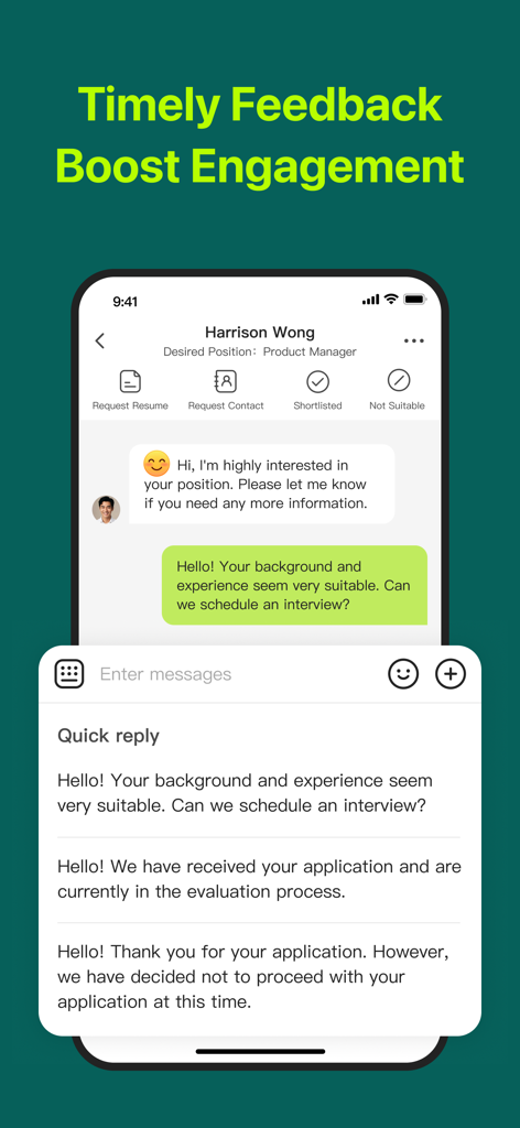 OfferToday - Find Jobs - A mobile interface showing a direct chat between a recruiter and a job seeker with quick reply message options
