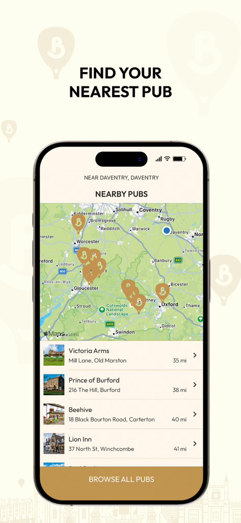 Butcombe - Butcomeモバイルアプリのインターフェースに、近くのパブの場所を示す地図と、距離が示された個々のパブのリストが表示されています。