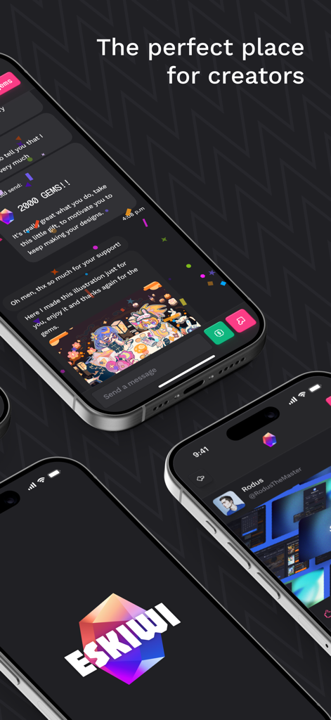 Eskiwi - Mehrere Smartphone-Bildschirme, die die Benutzeroberfläche der Eskiwi-App mit Direktnachrichten, Gem-Tipping und Profilseiten von Erstellern zeigen.