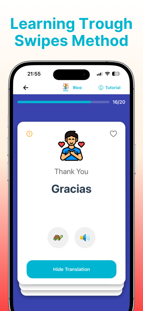 Interfaccia dell'app Rico che mostra una flashcard in spagnolo con la parola Gracias utilizzando il metodo di apprendimento tramite scorrimento