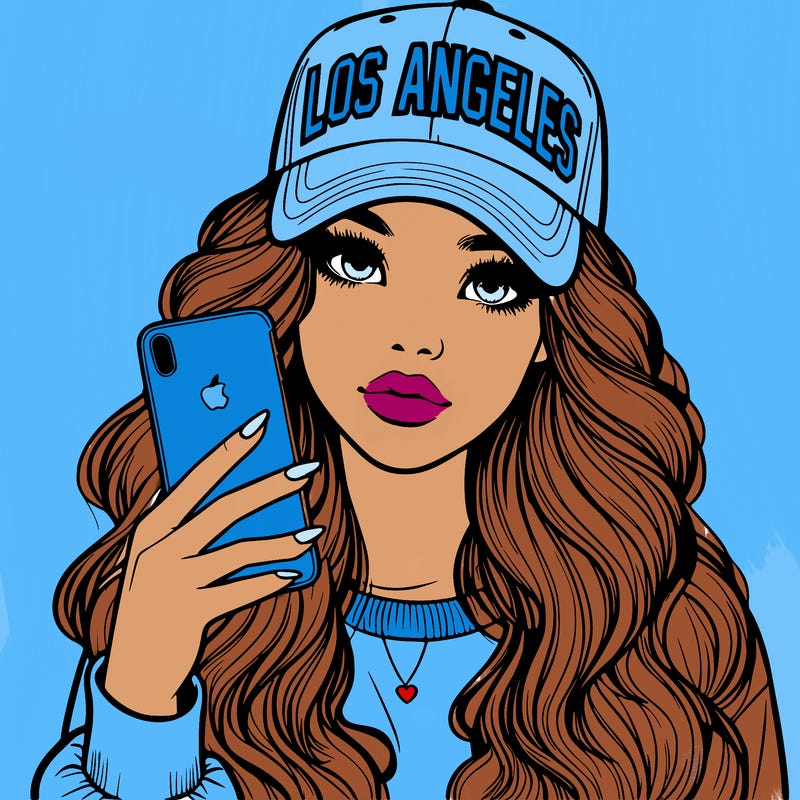 realistic beautiful girl wearing los ángeles cap holding an iphone