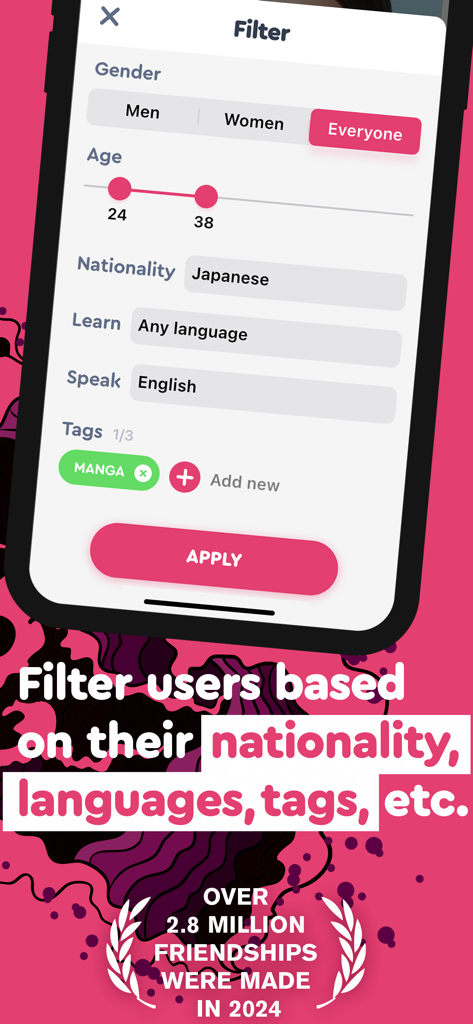 Interface de filtro de busca do aplicativo Langmate permitindo que os usuários filtrem por nacionalidade, idade, idiomas e etiquetas de interesse como mangá
