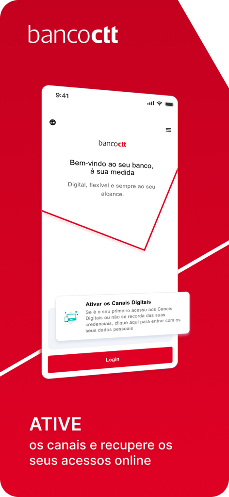 Pantalla de bienvenida de la aplicación móvil de Banco CTT con botón de inicio de sesión y aviso de activación digital