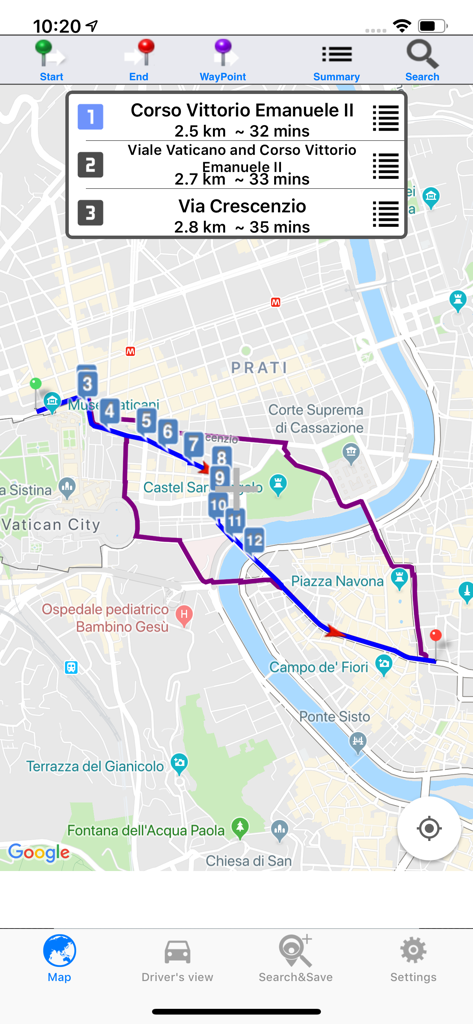 Route selection screen in the Drive around the World app showing alternative paths and numbered waypoints on a map of Rome