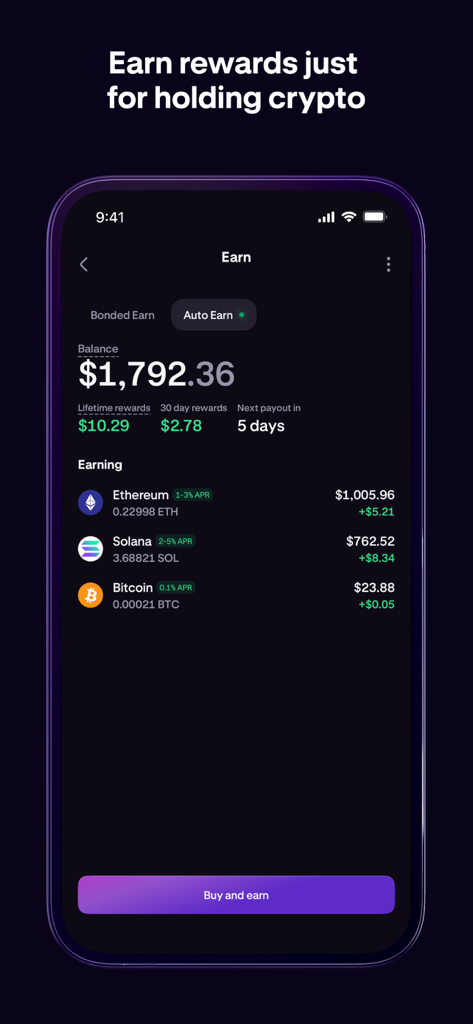 Kraken: Buy Crypto & Stocks - Interfaccia dell'app Kraken che mostra i premi guadagnati detenendo asset in criptovaluta.