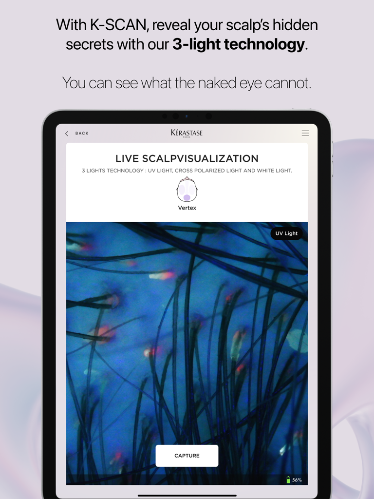 Kerastase K-SCAN app interface showing a live hair scalp visualization under UV light
