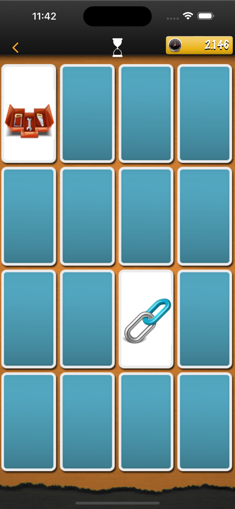 Memory Matches - Memory Matches game screen showing a 4x4 grid of cards with a toolbox and chain link icons flipped over