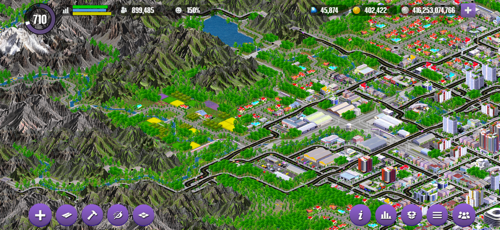 Designer City - Overhead view of a large metropolis with mountains and a lake in Designer City simulation game
