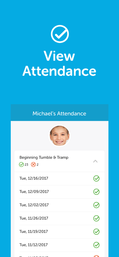 The iClassPro App - Una captura de pantalla de la aplicación iClassPro que muestra el registro de asistencia de un niño a una clase de tumbling y trampolín con fechas y marcas de verificación.
