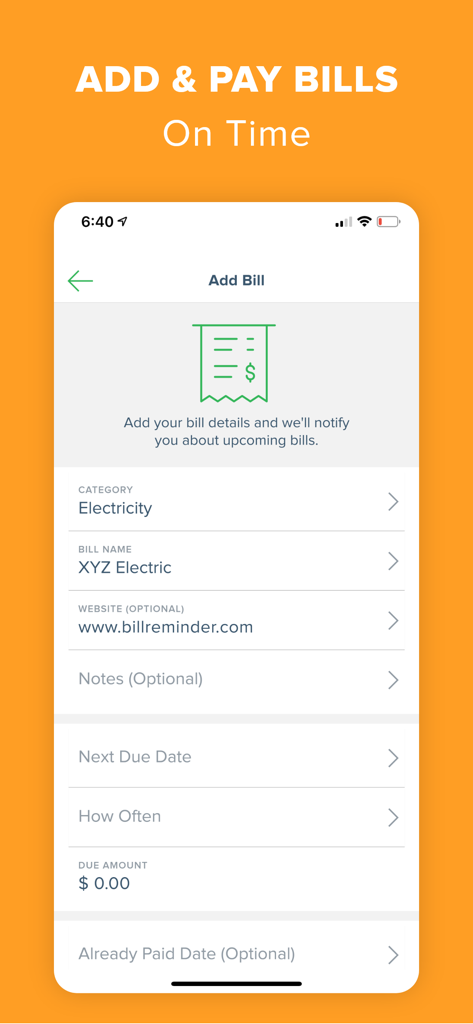 Screenshot of the Add Bill screen in the Bill Organizer app showing fields for electricity category and bill name