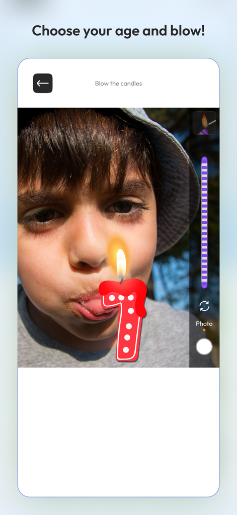 A child using the app to blow out a virtual red number seven birthday candle over their photo