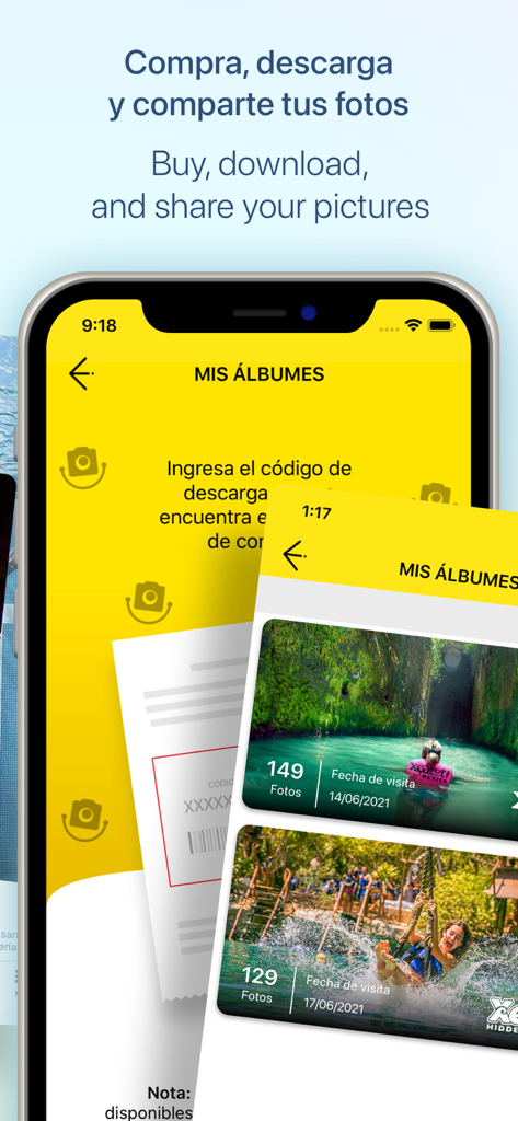 Smartphone screen showing the Xcaret app FotoPass feature with vacation photos from Mexican theme parks