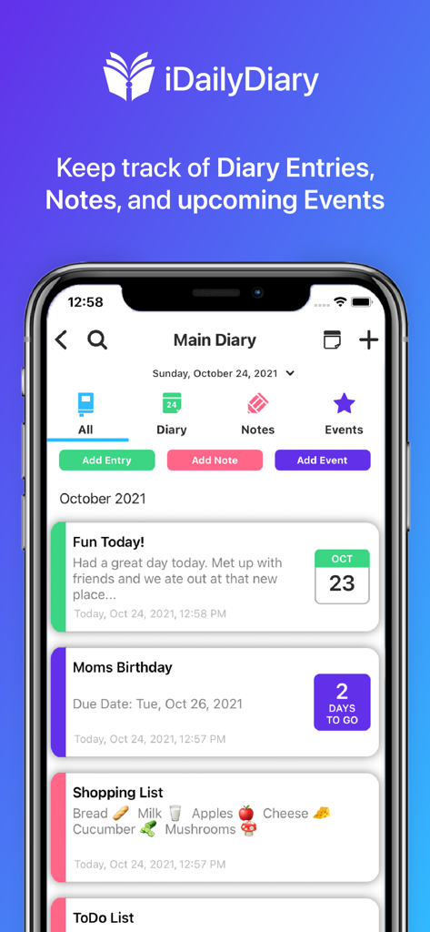 iDailyDiary app interface displaying journal entries notes and events