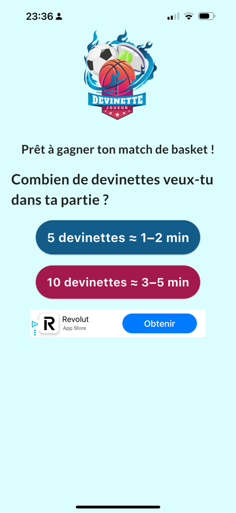 Devinette Joueur - Pantalla del menú de la aplicación Adivina Jugador que muestra opciones para elegir entre 5 o 10 preguntas de trivia de baloncesto.