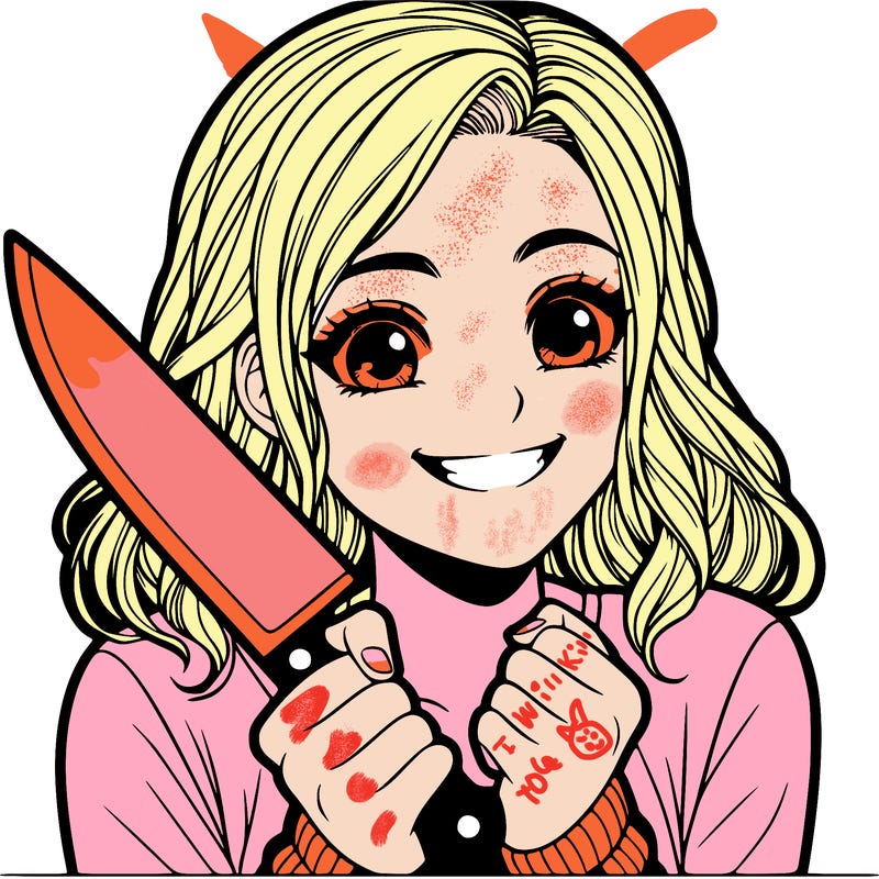 a realistic girl holding a knife and grinning