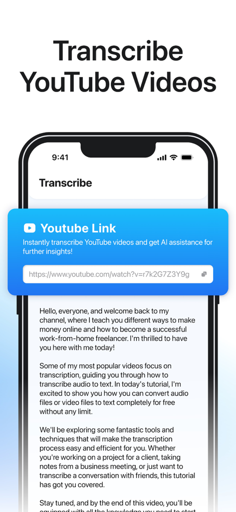 Say: Instant Audio Translator - Interfaz de la aplicación móvil que muestra cómo transcribir videos de YouTube pegando un enlace para generar transcripciones de texto