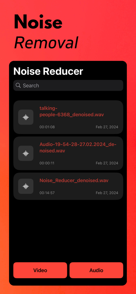Noise Reducer AI - Noise Reducer AI app interface showing a list of processed denoised audio files