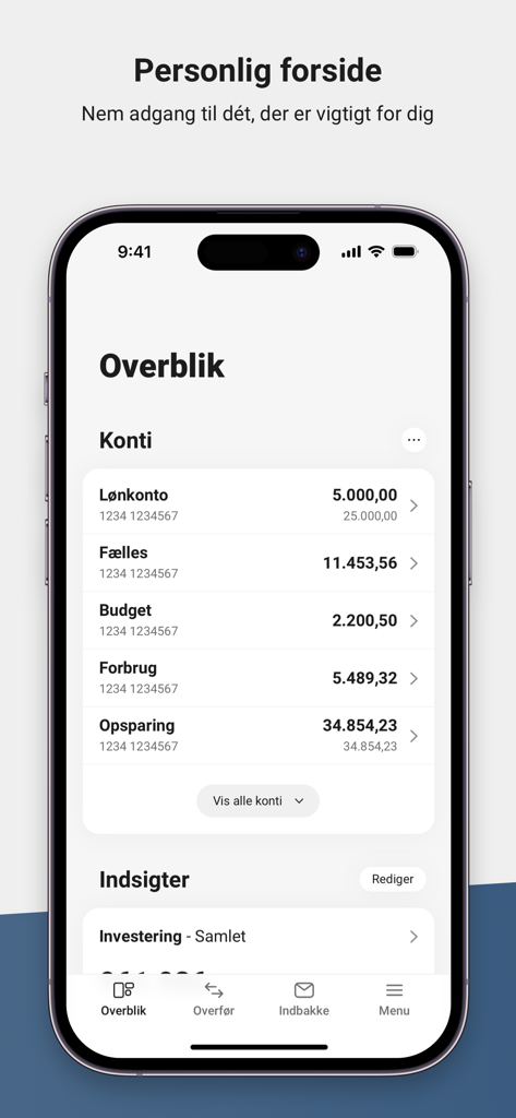 Sydbanks Mobilbank Privat - Personalized overview screen of Sydbanks Mobilbank Privat app showing various bank accounts