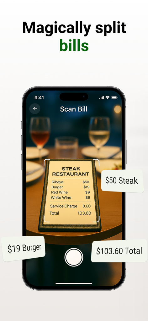 Un smartphone utilisant l'application PayMeLater pour scanner une facture de restaurant et extraire automatiquement les prix des articles pour un partage facile de l'addition entre amis