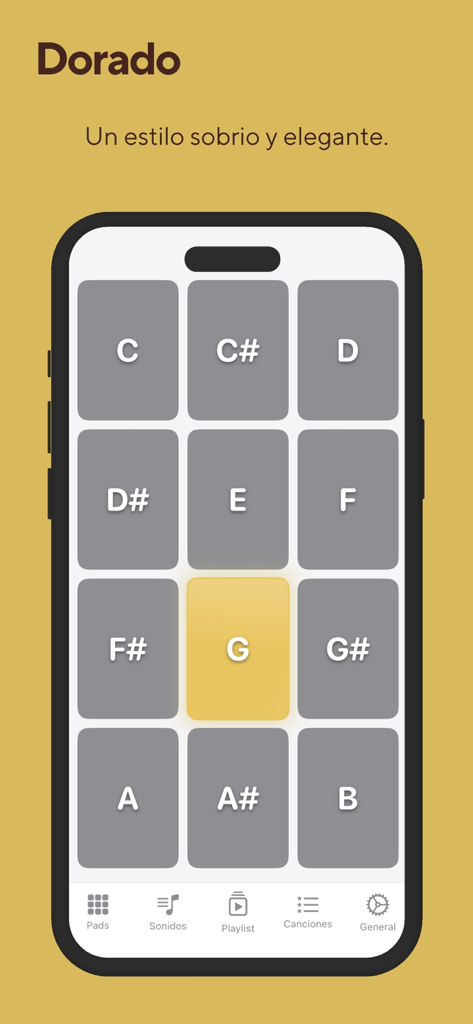 Padline - Padline app interface featuring a minimalist chromatic note grid in the Dorado theme with the G note active