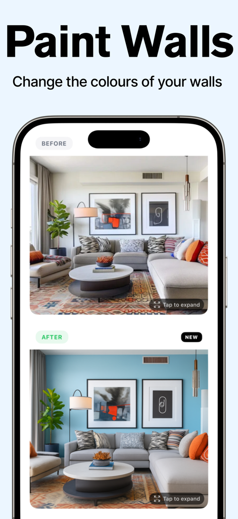 Before and after comparison of a living room with walls changed from white to blue using the AI Interior Design app