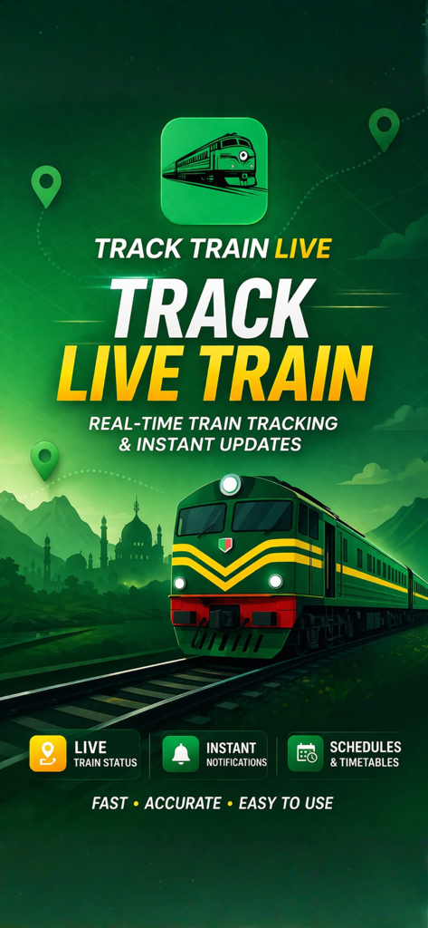 Track Train Live - Pakistan - Track Train Live Pakistan app splash screen showing a green train with features for real-time tracking, instant notifications, and train schedules.