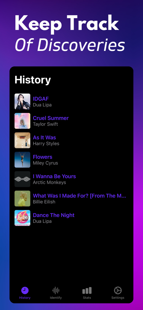 発見された曲の履歴が表示されたMusic Identifierアプリの画面。